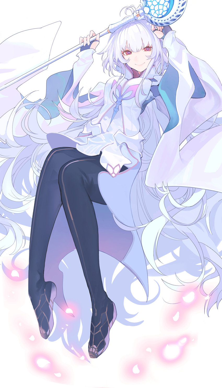 1girl absurdres ahoge boots breasts fate/grand_order_arcade fate_(series) highres holding holding_staff long_hair medium_breasts merlin_(fate/prototype) null_(1397062873) petals pink_eyes smile staff thigh-highs thigh_boots white_hair