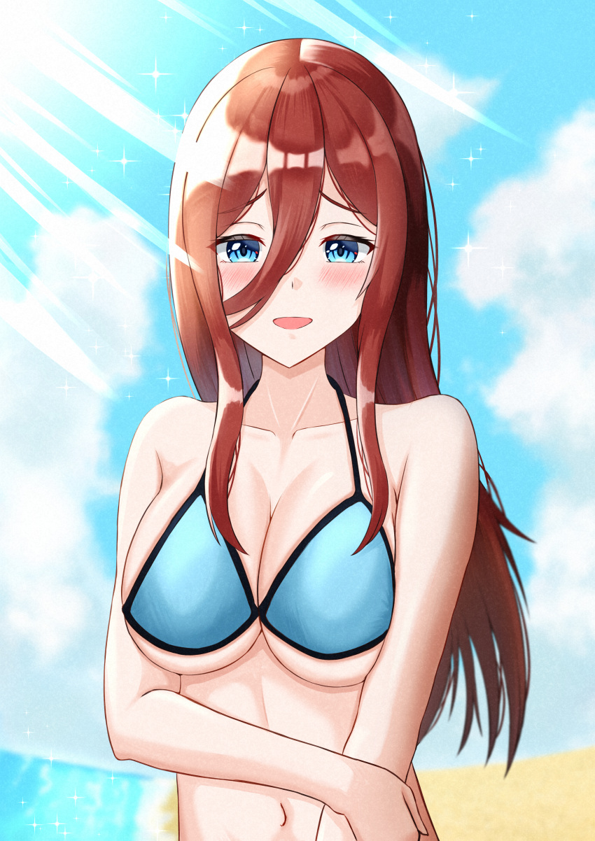 1girl :d absurdres bare_shoulders beach bikini blue_bikini blue_eyes blue_sky blush breasts brown_hair clouds collarbone commentary_request day go-toubun_no_hanayome hair_between_eyes highres kagaya_523 large_breasts long_hair looking_at_viewer nakano_miku navel ocean open_mouth outdoors sky smile solo sparkle swimsuit upper_body