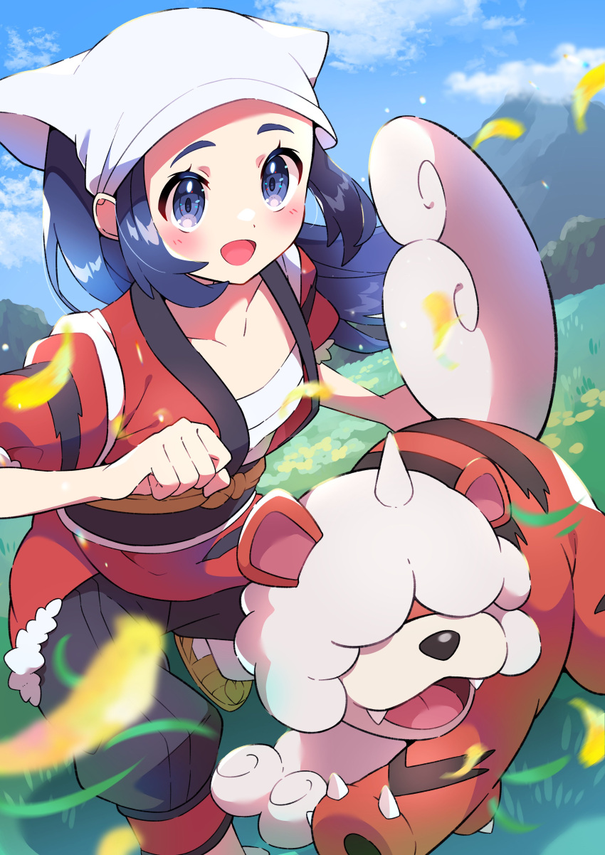 1girl :d absurdres akari_(pokemon) black_pants blue_hair blurry blush clenched_hand clouds collarbone commentary_request day eyelashes floating_hair grass grey_eyes head_scarf highres hisuian_form hisuian_growlithe jacket leaves_in_wind mountain open_mouth outdoors pants pokemon pokemon_(creature) pokemon_(game) pokemon_legends:_arceus pon_yui red_jacket shiny shiny_hair shoes sidelocks sky smile tongue white_headwear