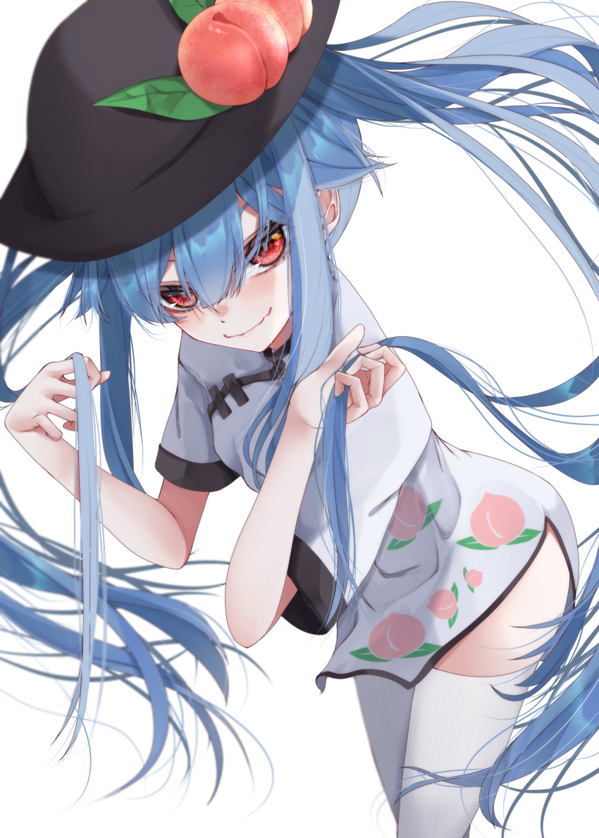 1girl alternate_hairstyle black_headwear blue_hair blush china_dress chinese_clothes clip_studio_paint_(medium) closed_mouth commentary_request dress food fruit hair_between_eyes hat highres hinanawi_tenshi holding holding_hair long_hair peach red_eyes simple_background smile solo standing thigh-highs touhou tsune_(tune) twintails very_long_hair white_background white_dress white_legwear