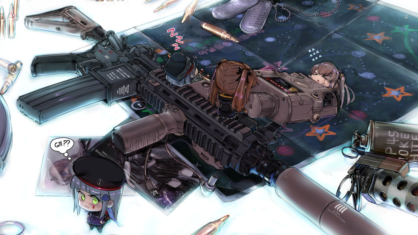 404_(girls_frontline) 4girls absurdres angry assault_rifle bangs beret black_legwear black_ribbon blunt_bangs brown_hair bullet commentary_request dog_tags english_text explosive eyebrows_visible_through_hair facial_mark full_body g11_(girls_frontline) german_flag girls_frontline green_eyes green_jacket grenade grey_hair gun h&amp;k_hk416 hair_ornament hair_ribbon hat highres hk416_(girls_frontline) jacket long_hair map military_jacket multiple_girls one_side_up pantyhose peagunz photo_(object) ribbon rifle scar scar_across_eye silver_hair skirt sleeping speech_bubble teardrop twintails ump45_(girls_frontline) ump9_(girls_frontline) weapon zzz