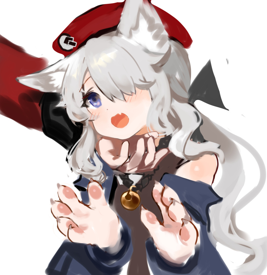 1girl 1other 9a-91_(girls_frontline) 9a-91_(travelling_with_a_loyal_friend)_(girls_frontline) absurdres ambiguous_gender animal_ears animal_hands bell beret black_shirt blue_eyes blue_jacket blush claws commentary_request dokomon fang furrification furry furry_female girls_frontline hair_over_one_eye hands_up hat highres jacket korean_commentary looking_at_another neck_bell official_alternate_costume open_clothes open_jacket open_mouth out_of_frame red_headwear shirt simple_background skin_fang solo_focus upper_body white_background wolf_ears