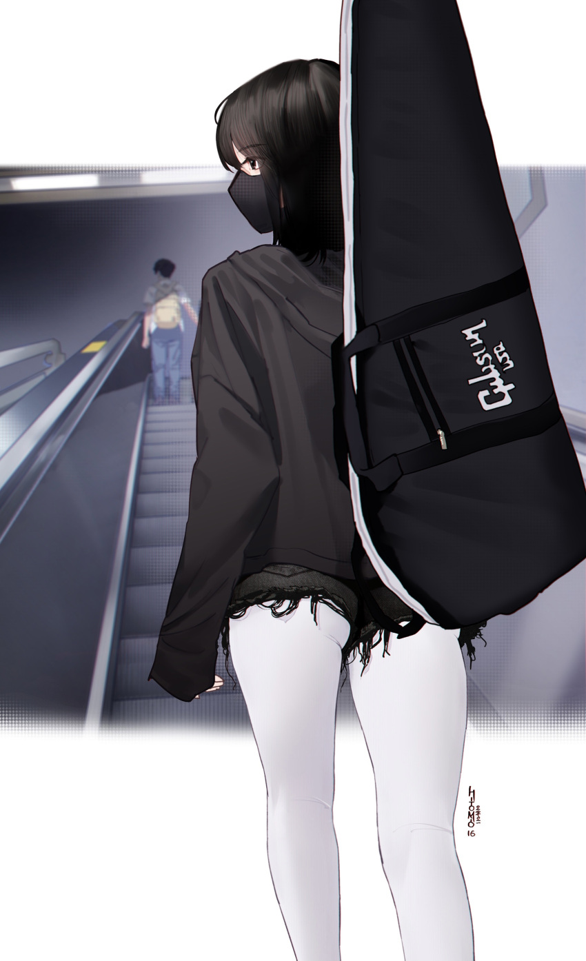 1boy 1girl absurdres arm_at_side artist_name bangs black_eyes black_hair black_hoodie black_legwear black_shorts commentary_request escalator eyebrows_visible_through_hair feet_out_of_frame from_behind guitar_case highres hitomi_o hood hood_down hoodie instrument_case legwear_under_shorts long_hair long_sleeves looking_away looking_to_the_side mask mouth_mask original pantyhose short_shorts shorts sleeves_past_wrists solo_focus standing