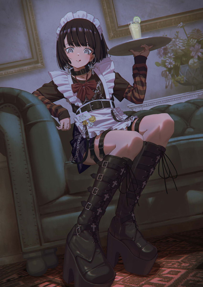 1girl :q absurdres apron bangs black_collar black_footwear black_hair black_shirt black_skirt boots bow chain closed_mouth collar commentary_request couch cup drinking_glass eyebrows_behind_hair flower frilled_apron frills grey_eyes hand_up high_heel_boots high_heels highres hironii_(hirofactory) holding holding_tray indoors knee_boots layered_sleeves long_sleeves maid maid_headdress on_couch original picture_frame pink_flower platform_footwear platform_heels pleated_skirt red_bow shirt short_hair short_over_long_sleeves short_sleeves skirt sleeves_past_wrists smile smiley_face solo striped tongue tongue_out tray white_apron white_flower