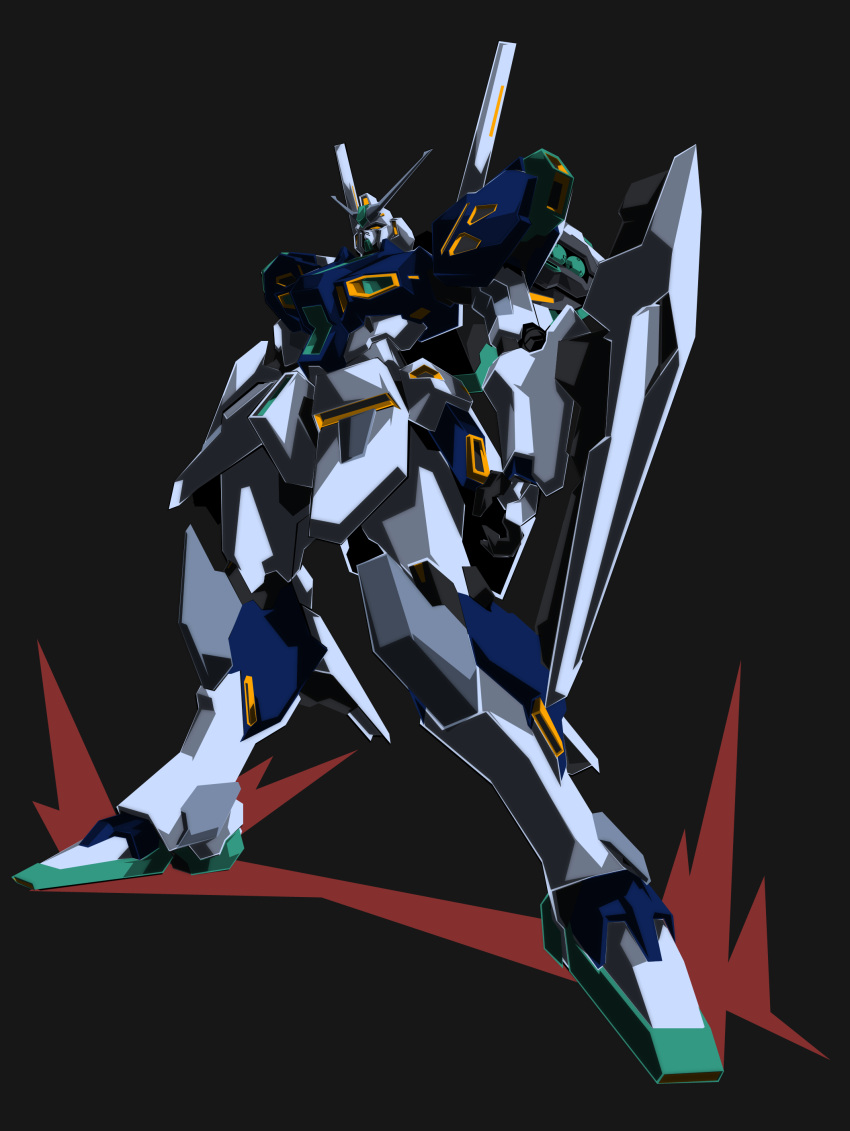 absurdres beastkingbarbaros char's_counterattack grey_background gundam gundam_msv highres looking_up mecha mobile_suit nu_gundam_mp_type open_hand science_fiction shield solo standing v-fin yellow_eyes