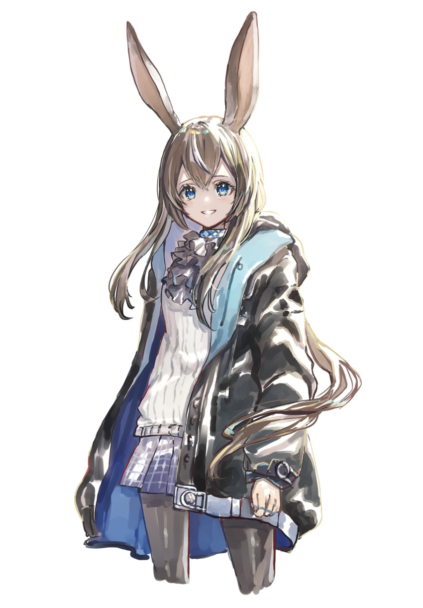 1girl amiya_(arknights) animal_ears arknights ascot black_coat black_legwear blue_eyes blue_skirt brown_hair coat commentary_request cowboy_shot cropped_legs highres hood hood_down hooded_coat jewelry long_hair long_sleeves looking_at_viewer multiple_rings nanaponi open_clothes open_coat pantyhose parted_lips plaid plaid_skirt ponytail purple_neckwear rabbit_ears ribbed_sweater ring sidelocks simple_background skirt smile solo sweater teeth white_background white_sweater