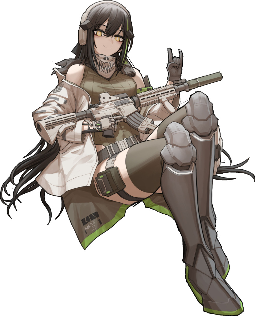 1girl absurdres assault_rifle black_hair boots cheogtanbyeong closed_mouth cosplay dandelion_(girls_frontline) girls_frontline gloves green_hair gun hair_between_eyes hair_ornament headphones highres holding holding_gun holding_weapon invisible_chair jacket leotard long_hair looking_at_viewer m4_carbine m4a1_(girls_frontline) m4a1_(girls_frontline)_(cosplay) multicolored_hair ribbed_leotard rifle scarf simple_background sitting smile solo streaked_hair thigh-highs very_long_hair weapon white_background white_jacket yellow_eyes