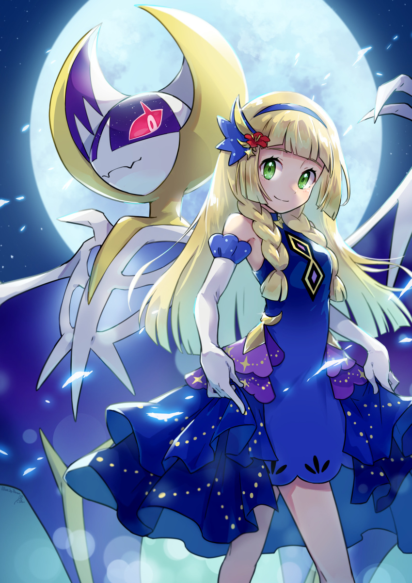1girl absurdres bangs bare_shoulders blonde_hair blue_dress braid closed_mouth commentary_request dress elbow_gloves eyelashes flower gen_7_pokemon gloves gradient_dress green_eyes hair_flower hair_ornament highres legendary_pokemon lillie_(pokemon) long_hair looking_at_viewer lunala moon night official_alternate_costume outdoors peron_(niki2ki884) pokemon pokemon_(creature) pokemon_(game) pokemon_masters_ex red_flower sky smile star_(sky) twin_braids white_gloves