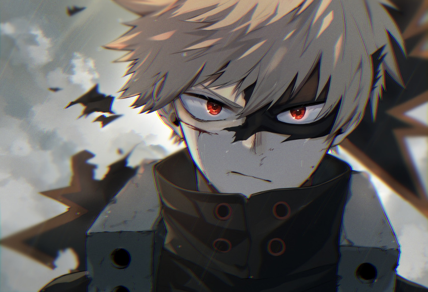 1boy :/ bakugou_katsuki bangs black_shirt blonde_hair blurry boku_no_hero_academia closed_mouth clouds commentary_request eye_mask glowing glowing_eyes grey_background hair_between_eyes highres injury looking_at_viewer male_focus noizu_(noi_hr) outdoors portrait rain red_eyes shirt short_hair solo spiky_hair wet