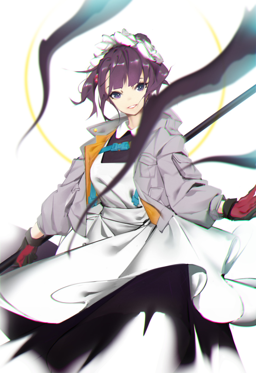 1girl absurdres apron black_dress chinese_commentary chromatic_aberration circle commentary_request dress fate/grand_order fate_(series) gloves grey_jacket highres jacket katsushika_hokusai_(fate) long_sleeves looking_at_viewer maid maid_apron maid_headdress open_clothes open_jacket parted_lips purple_hair red_gloves smile solo violet_eyes white_apron white_background whter