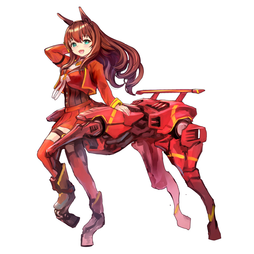 1girl :d absurdres animal_ears aqua_eyes arm_behind_head arm_up bangs blush bodice breasts brown_hair centaur commentary_request emutsuichi exoskeleton eyebrows_visible_through_hair floating_hair full_body hair_between_eyes highres horse_ears horse_girl horse_tail jacket large_breasts long_hair long_sleeves looking_at_viewer maruzensky_(umamusume) mecha_musume open_mouth pleated_skirt red_jacket red_legwear red_shirt red_skirt shirt sidelocks simple_background skirt smile solo standing standing_on_three_legs tail taur thigh-highs thigh_strap umamusume white_background white_neckwear zettai_ryouiki