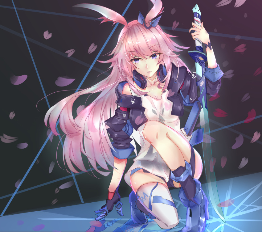 1girl absurdres animal_ears bangs blue_footwear blue_gloves blue_jacket boots closed_mouth fox_ears glass_floor gloves hair_between_eyes hair_ornament highres holding holding_sword holding_weapon honkai_(series) honkai_impact_3rd jacket katana kneeling long_hair looking_at_viewer petals pink_hair see-through_shirt shattered sheath sheathed shirt short_sleeves single_glove single_thighhigh solo sword thigh-highs violet_eyes weapon weishao_(jocus82) white_legwear white_shirt yae_sakura yae_sakura_(goushinnso_memento)