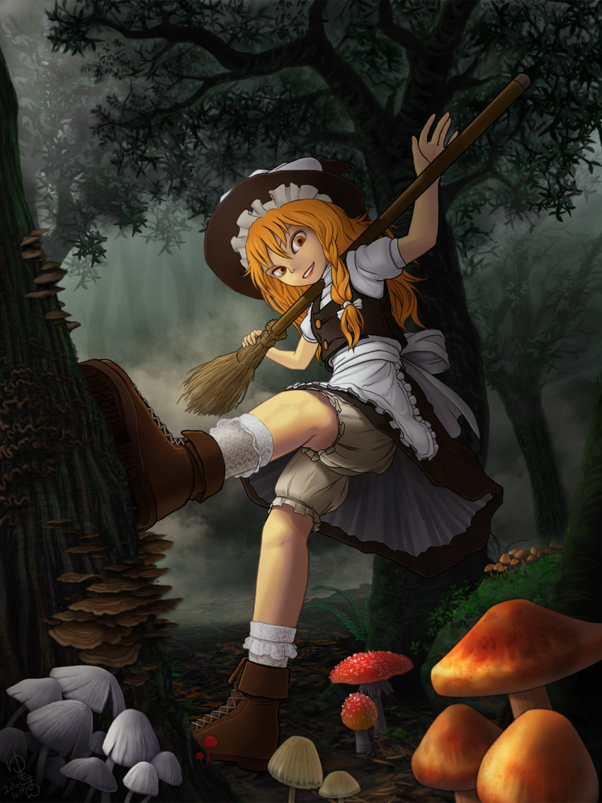 1girl apron bangs black_headwear black_skirt black_vest blonde_hair bloomers boots bow braid broom brown_footwear commentary_request forest frilled_apron frills full_body grin hair_bow hat highres holding holding_broom kirisame_marisa leaf long_hair looking_at_viewer moss mushroom nature puffy_short_sleeves puffy_sleeves shirt short_sleeves side_braid single_braid skirt smile solo touhou tree underwear vest waist_apron white_apron white_bow white_shirt witch_hat yellow_eyes yukiman