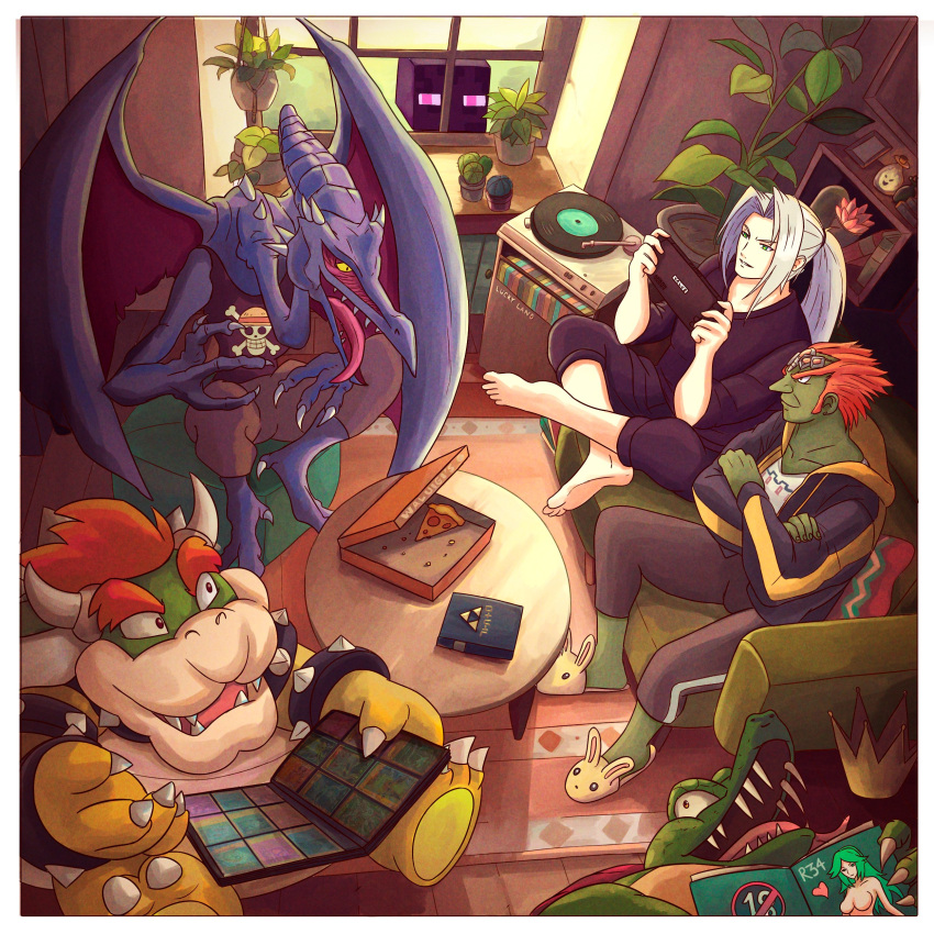 1girl 5boys absurdres alien animal_slippers book bowser bunny_slippers character_print claws coffee_table colored_skin couch crocodilian dinosaur donkey_kong_(series) donkey_kong_country enderman final_fantasy final_fantasy_vii food ganondorf green_skin highres horns human jacket kid_icarus king_k._rool looking_at_another metroid microsoft minecraft mohang nintendo nintendo_switch no_nipples nude ocarina_of_time one_piece orange_hair palutena phonograph pizza plant potted_plant ridley rug sephiroth sharp_teeth skull_print slippers sora_(company) square_enix straw_hats_jolly_roger super_mario_bros. super_smash_bros. tank_top teeth the_legend_of_zelda track_jacket trait_connection truejekart turtle yu-gi-oh!