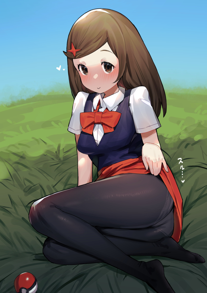 1girl absurdres bangs black_legwear blush bow bowtie brown_eyes brown_hair closed_mouth clothes_lift collared_shirt commentary_request eyelashes grass hair_ornament heart highres ie_(raarami) lass_(pokemon) lifted_by_self long_hair panties panties_under_pantyhose pantyhose pokemon pokemon_(game) pokemon_bdsp shirt short_sleeves skirt skirt_lift smile solo swept_bangs underwear v-neck vest white_shirt