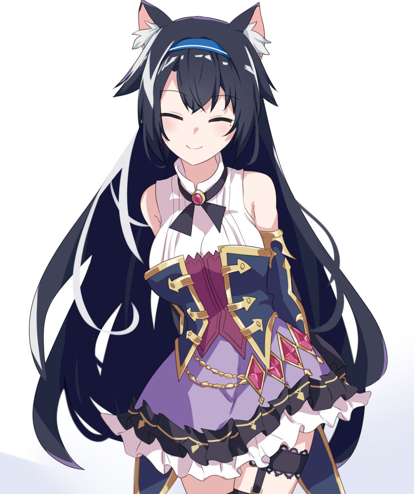 1girl animal_ears black_hair closed_eyes cosplay cowboy_shot detached_sleeves dress english_commentary eyebrows_visible_through_hair girls_frontline hairband highres karyl_(princess_connect!) karyl_(princess_connect!)_(cosplay) long_hair princess_connect! simple_background smile solo super_sass_(girls_frontline) vanna very_long_hair