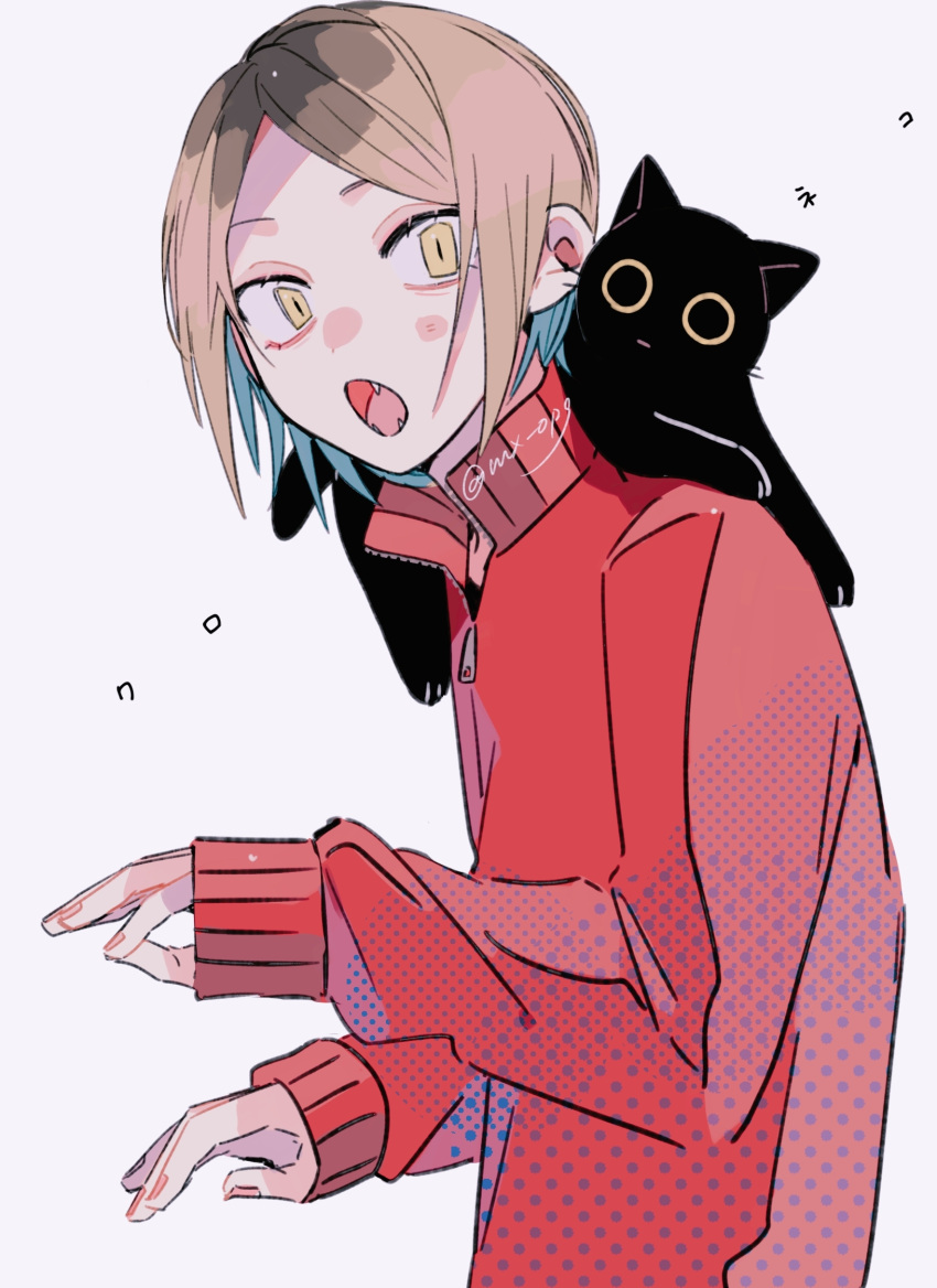 1boy :o animal_on_shoulder bangs black_cat brown_eyes brown_hair cat cat_on_shoulder fangs haikyuu!! highres jacket kozume_kenma long_sleeves looking_at_viewer male_focus mikuwwwm multicolored_hair open_mouth short_hair simple_background sleeves_past_wrists twitter_username two-tone_hair upper_body