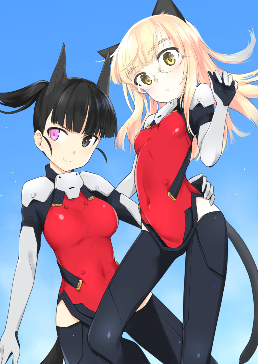 2girls absurdres alice_gear_aegis animal_ears aohashi_ame bangs black_hair black_legwear blonde_hair blue_background blunt_bangs blush cat_ears closed_mouth commentary_request dog_ears glasses heterochromia highres multiple_girls navel open_mouth perrine_h._clostermann sakamoto_mio smile strike_witches thick_eyebrows violet_eyes world_witches_series yellow_eyes