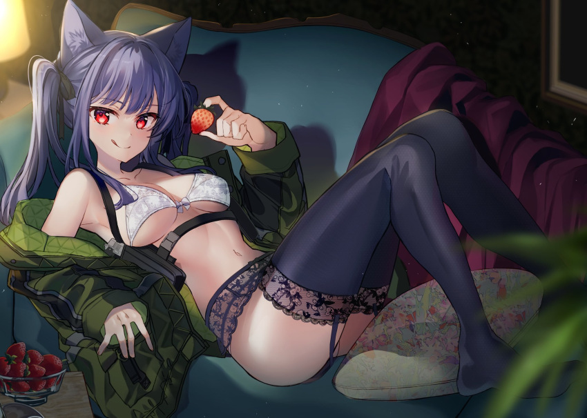 1girl :q animal_ears armpits ass bare_shoulders belt black_hair black_legwear bra breasts cat_ears closed_mouth food front-tie_bra front-tie_top fruit garter_belt green_jacket hair_ribbon highres holding jacket kawachi_rin knees_up lingerie long_hair looking_at_viewer lying medium_breasts navel no_shoes off_shoulder on_back original reclining red_eyes ribbon smile solo stomach strawberry thigh-highs tongue tongue_out twintails underwear underwear_only white_bra