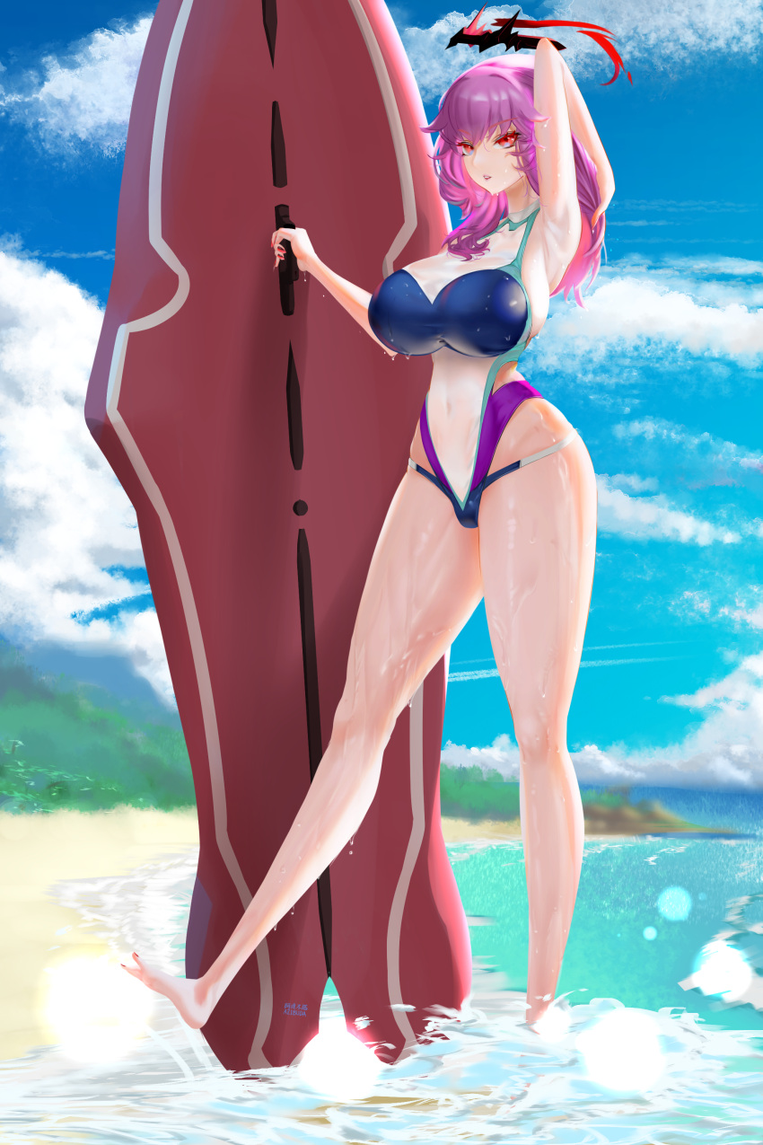 1girl absurdres arm_up azibuda azur_lane barefoot beach blue_sky breasts clouds covered_navel duca_degli_abruzzi_(azur_lane) halo highres huge_breasts impossible_clothes impossible_swimsuit long_hair looking_at_viewer nail_polish purple_hair red_eyes red_nails skin_tight sky solo surfboard swimsuit water wet wet_clothes
