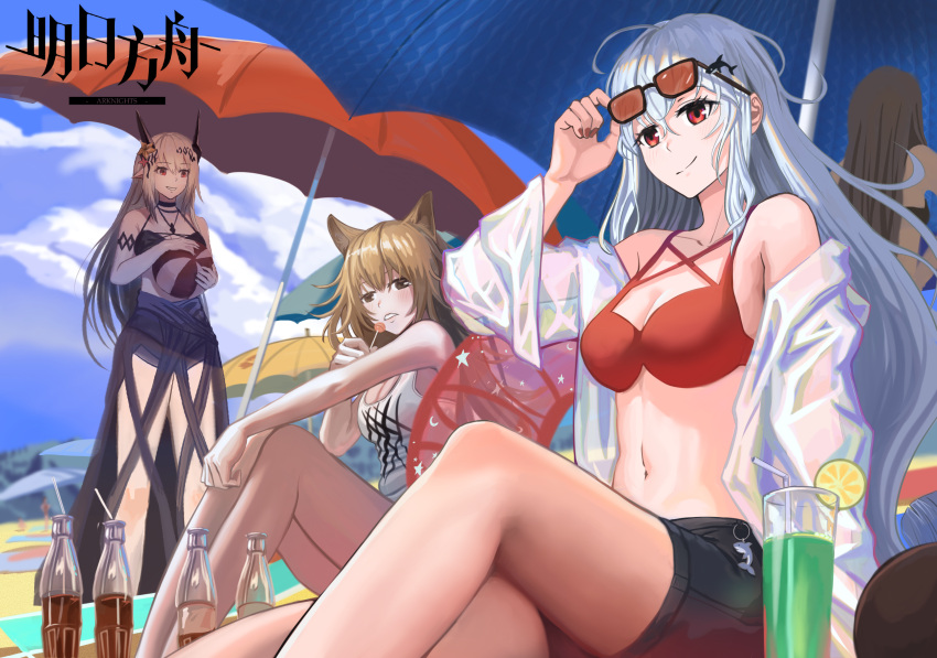 4girls absurdres adjusting_eyewear ahoge arknights ball bare_legs bare_shoulders beach beachball bikini bikini_top black_bikini black_shorts breasts candy cup day drinking_glass drinking_straw food fruit highres holding holding_ball holding_candy holding_food holding_lollipop horns huge_filesize innertube lemon lemon_slice lollipop medium_breasts mudrock_(arknights) mudrock_(silent_night)_(arknights) multiple_girls navel off_shoulder official_alternate_costume open_clothes open_shirt outdoors pointy_ears red_bikini red_eyes shirt shorts siege_(arknights) silver_hair skadi_(arknights) smile soda_bottle swimsuit tank_top umbrella white_shirt white_tank_top xiao_huang