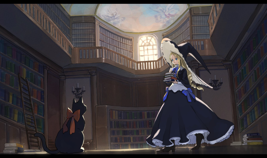 1girl black_dress black_footwear blonde_hair blue_bow blue_eyes blue_neckwear book book_stack bookshelf bow bowtie braid cat commentary_request copyright_request dress full_body hat highres holding holding_book indoors ladder large_hat letterboxed library light_particles long_hair long_sleeves nanaponi red_bow solo window witch_hat withered