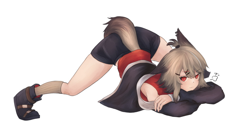 1girl =3 absurdres animal_ears arknights bangs bare_shoulders black_footwear black_jacket black_shorts boots breasts closed_mouth commentary_request cutter_(arknights) fox_ears full_body grey_hair grey_legwear hair_ornament hairclip highres jack-o'_challenge jacket kneehighs long_sleeves looking_at_viewer medium_breasts off_shoulder open_clothes open_jacket red_eyes red_shirt shirt short_hair shorts sleeveless sleeveless_shirt smile smug solo spread_legs superbeek4 tail thigh_strap top-down_bottom-up v-shaped_eyebrows white_background wide_spread_legs