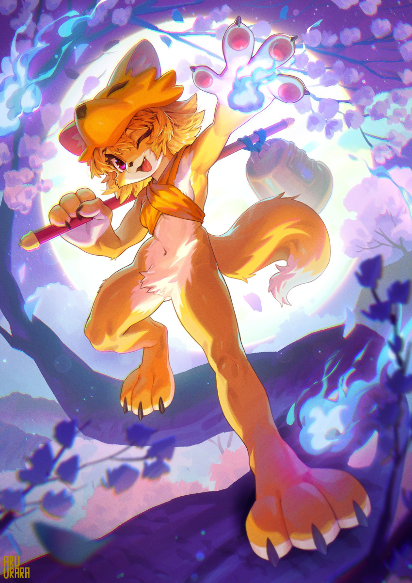 1girl absurdres animal_hands bangs bell bottomless branch cherry_blossoms commentary_request commission fang fox fox_hat full_body full_moon furrification furry furry_female halter_top halterneck highres hitodama holding holding_staff inuki_(aruurara) looking_at_viewer moon moonlight_flower mountain one_eye_closed open_mouth outstretched_arm purple_sky ragnarok_online red_eyes second-party_source short_hair signature skeb_commission smile solo staff standing_on_branch