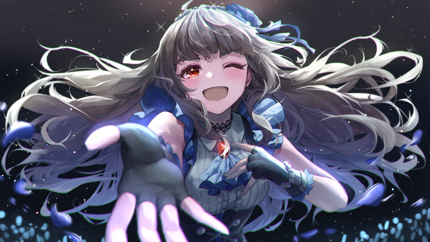 1girl :d absurdres bangs blunt_bangs blurry blush brooch brown_hair choker corset depth_of_field fingerless_gloves floating_hair foreshortening frilled_sleeves frills gloves hand_on_own_chest highres huge_filesize idol idolmaster idolmaster_cinderella_girls idolmaster_cinderella_girls_starlight_stage jewelry kamiya_nao lace-trimmed_choker lace_trim light_stick long_hair looking_at_viewer one_eye_closed open_mouth outstretched_arm petals red_eyes shino_sto shiny shiny_hair smile solo thick_eyebrows upper_body