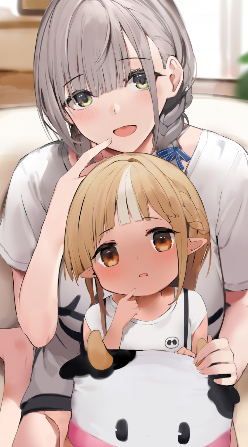 2girls ahoge alternate_costume asymmetrical_hair bare_legs barefoot black_shorts blonde_hair blue_ribbon blurry blurry_background blush braid braided_ponytail casual child commentary couch dark-skinned_female dark_skin eyebrows_visible_through_hair finger_to_mouth foot_out_of_frame french_braid green_eyes hair_between_eyes hair_over_shoulder hair_ribbon head_tilt highres hololive indoors kintsuba_(shiranui_flare) looking_at_viewer medium_hair multicolored_hair multiple_girls niii_(memstapak) open_mouth orange_eyes parted_lips pointy_ears ribbon shiranui_flare shirogane_noel shirt short_hair short_shorts short_sleeves shorts silver_hair sitting sitting_on_lap sitting_on_person smile streaked_hair stuffed_cow sunlight symbol-only_commentary two-tone_hair virtual_youtuber wariza white_hair white_shirt younger