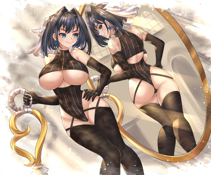 1girl absurdres ass back_cutout bangs bare_shoulders black_gloves black_hair black_legwear black_leotard blue_eyes breasts clothing_cutout earrings elbow_gloves gloves highleg highres hololive hololive_english honkivampy indoors jewelry large_breasts leotard light_particles looking_at_mirror looking_to_the_side medium_hair mirror ouro_kronii sleeveless smile striped_leotard thigh-highs under_boob underboob_cutout virtual_youtuber window
