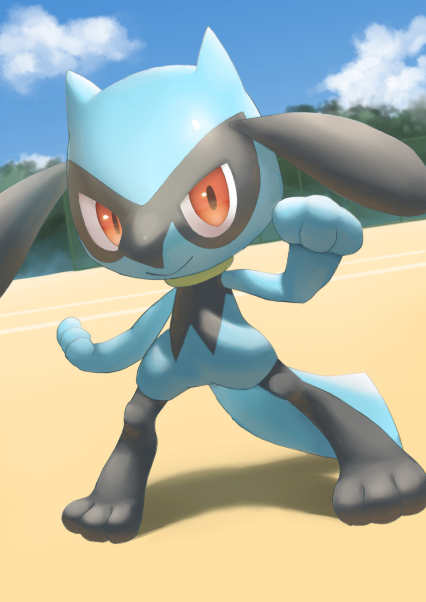 closed_mouth clouds commentary_request day gen_4_pokemon highres legs_apart looking_at_viewer outdoors pokemon pokemon_(creature) purobe red_eyes riolu sky smile solo standing toes