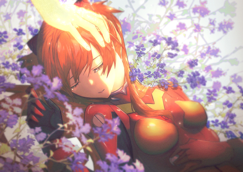 1girl absurdres bangs breasts closed_eyes commentary flower flower_request hand_on_another's_head highres huge_filesize killert_0401 lips long_hair neon_genesis_evangelion orange_hair out_of_frame parted_lips plugsuit sleeping small_breasts solo_focus souryuu_asuka_langley tearing_up upper_body white_background