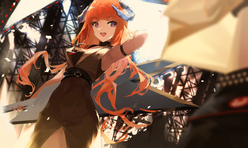 1girl :d absurdres alternate_costume arknights arm_behind_head arm_strap arm_up armpits bagpipe_(arknights) bangs bare_shoulders black_dress blurry blurry_foreground commentary confetti covered_navel depth_of_field dragon_horns dress english_commentary eyebrows_visible_through_hair highres holding horns huge_filesize kioroshin long_hair looking_at_viewer open_mouth orange_hair sleeveless sleeveless_dress smile solo stage underbust very_long_hair violet_eyes