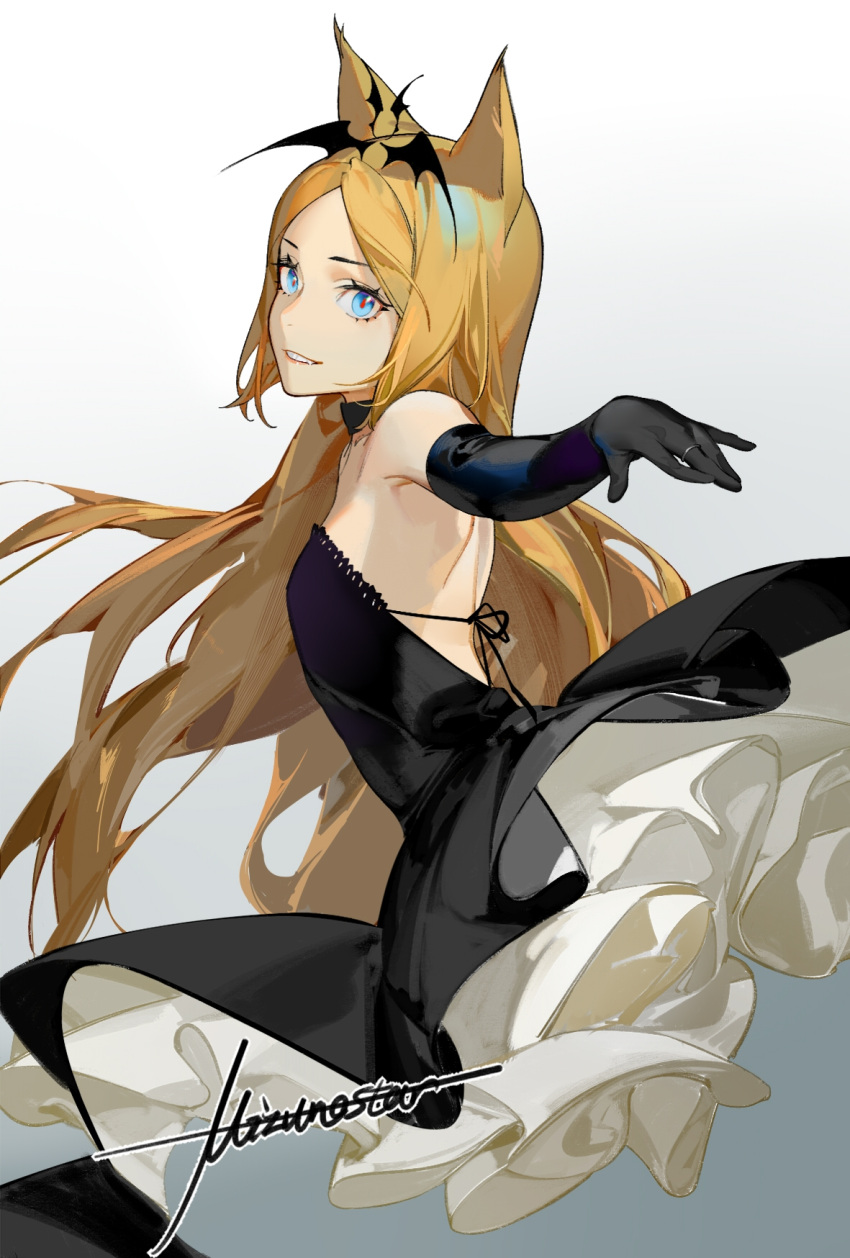 1girl alternate_costume animal_ears arknights bare_back bare_shoulders black_dress blonde_hair blue_eyes cat_ears chinese_commentary commentary_request cropped_torso dress elbow_gloves eyebrows_visible_through_hair frilled_dress frills from_side gloves gradient gradient_background grey_background grin hair_ornament highres iris_(arknights) long_hair looking_at_viewer looking_to_the_side shirt shuiye_xing signature smile solo upper_body very_long_hair white_background