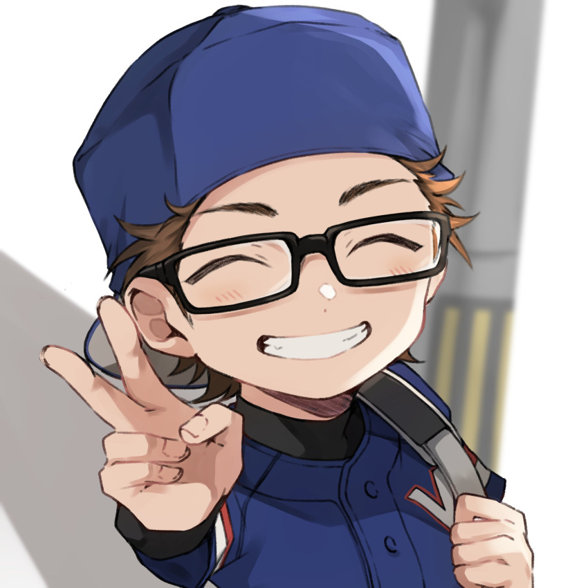 1boy ace_of_diamond aiaipoponta0605 backwards_hat baseball_cap baseball_jersey baseball_uniform black_shirt blush brown_hair closed_eyes glasses hat highres male_focus miyuki_kazuya shirt short_hair smile solo sportswear teeth upper_body v