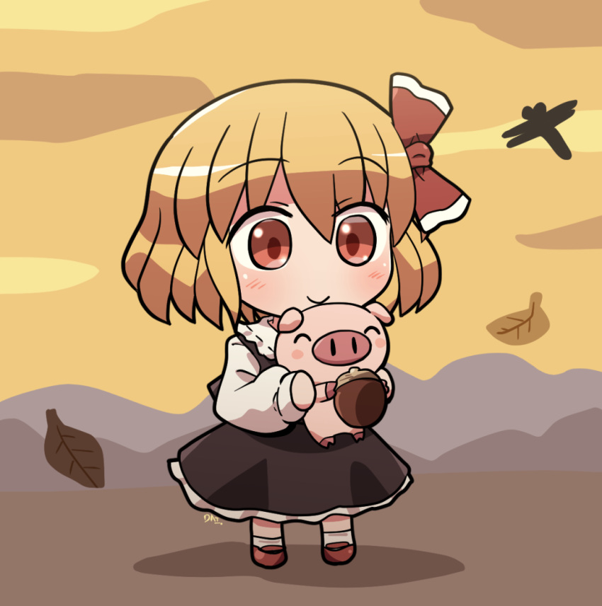 1girl ^_^ bangs bow chestnut closed_eyes closed_mouth eyebrows_visible_through_hair falling_leaves full_body hair_bow holding leaf long_sleeves outdoors pig red_bow red_eyes red_footwear rokugou_daisuke rumia signature smile standing touhou touhou_cannonball white_legwear