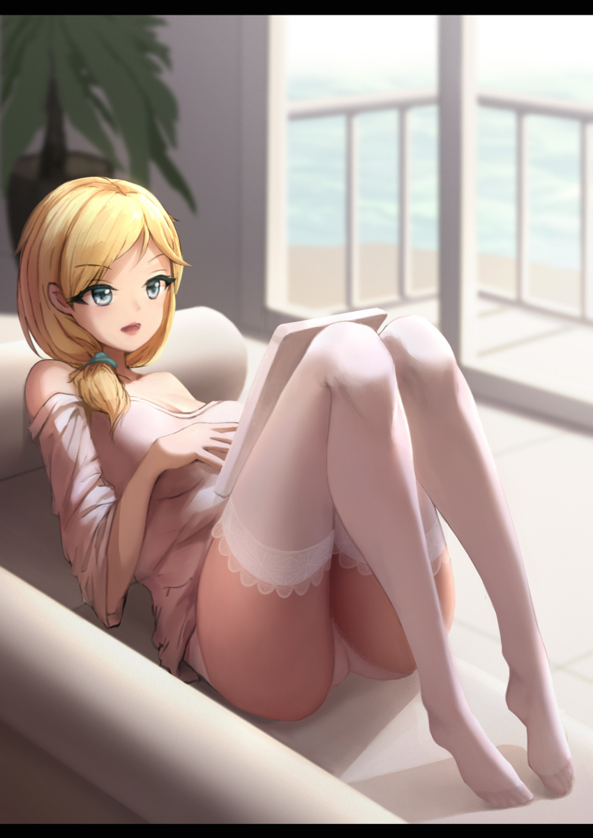 1girl absurdres bed blonde_hair blue_eyes breasts eyebrows_visible_through_hair hair_ornament hairclip highres long_hair looking_away lying no_shoes notepad on_back on_bed open_mouth panties pantyshot rodney_(warship_girls_r) shirt simple_background solo thigh-highs underwear warship_girls_r white_legwear white_panties white_shirt xueci