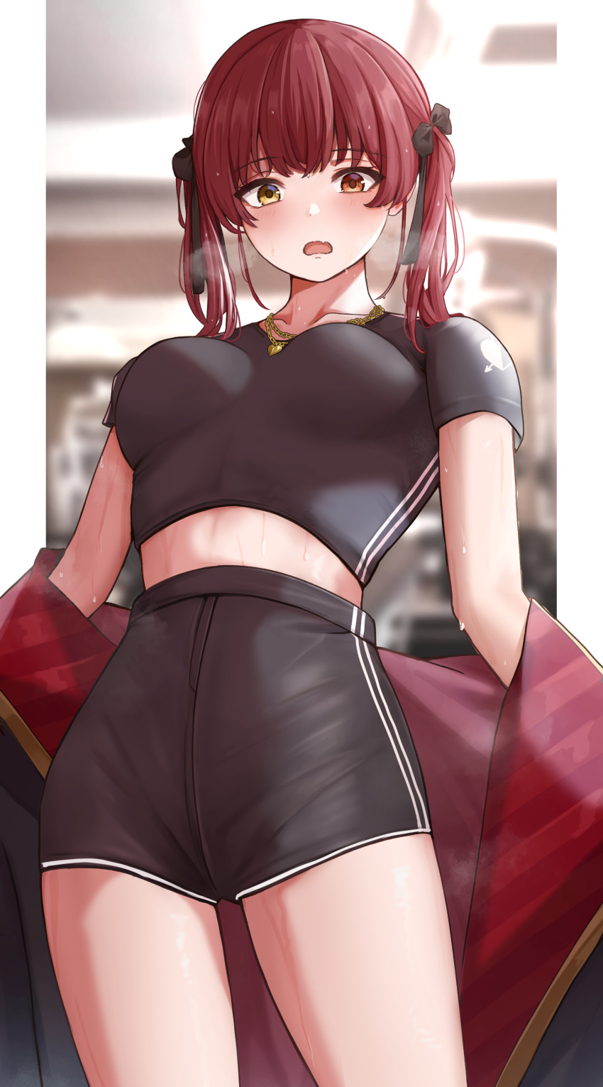 1girl absurdres black_bow black_shirt black_shorts bow collarbone crop_top dodon_gadon fang hair_bow heart heart_necklace heterochromia highres hololive houshou_marine long_hair open_mouth red_eyes redhead shirt short_sleeves shorts skin_fang solo sweat twintails virtual_youtuber wet yellow_eyes