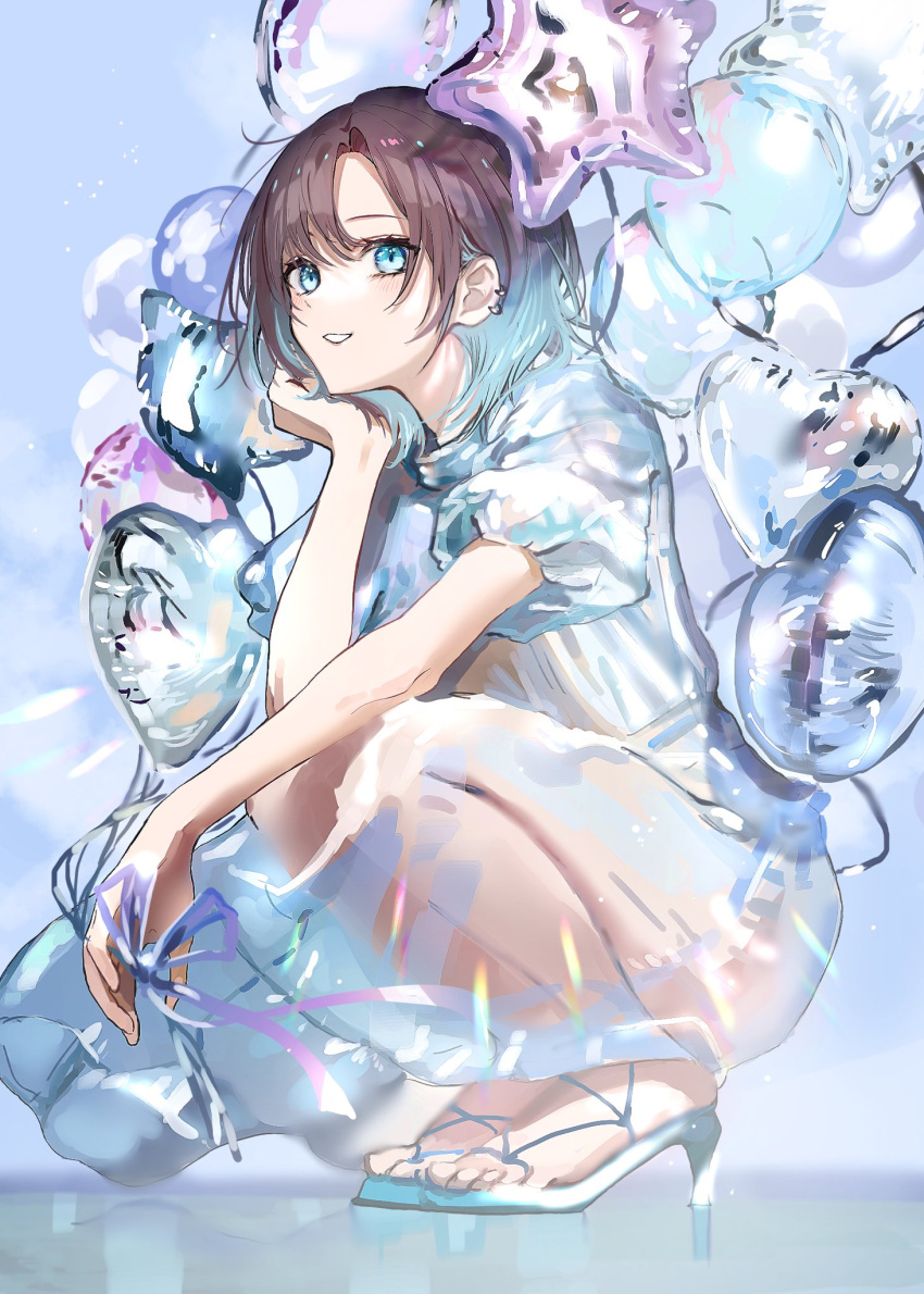 1girl asakura_tooru balloon bare_arms blue_background blue_eyes blue_footwear blue_hair brown_hair commentary_request dress ear_piercing feet full_body hand_on_own_chin high_heels highres idolmaster idolmaster_shiny_colors looking_at_viewer multicolored_hair nanaponi parted_lips piercing puffy_short_sleeves puffy_sleeves see-through_skirt short_sleeves skirt smile solo squatting toes two-tone_hair white_dress