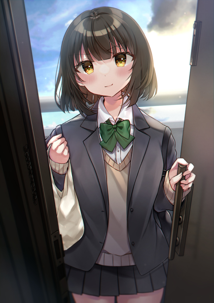 1girl bag bangs black_hair black_jacket black_skirt blazer blush bow brown_eyes brown_sweater closed_mouth collared_shirt commentary_request dress_shirt eyebrows_visible_through_hair green_bow hands_up highres holding holding_bag jacket long_sleeves looking_at_viewer minami_saki open_clothes open_door open_jacket original pleated_skirt railing school_uniform shirt skirt sleeves_past_wrists smile solo sweater v-shaped_eyebrows white_shirt