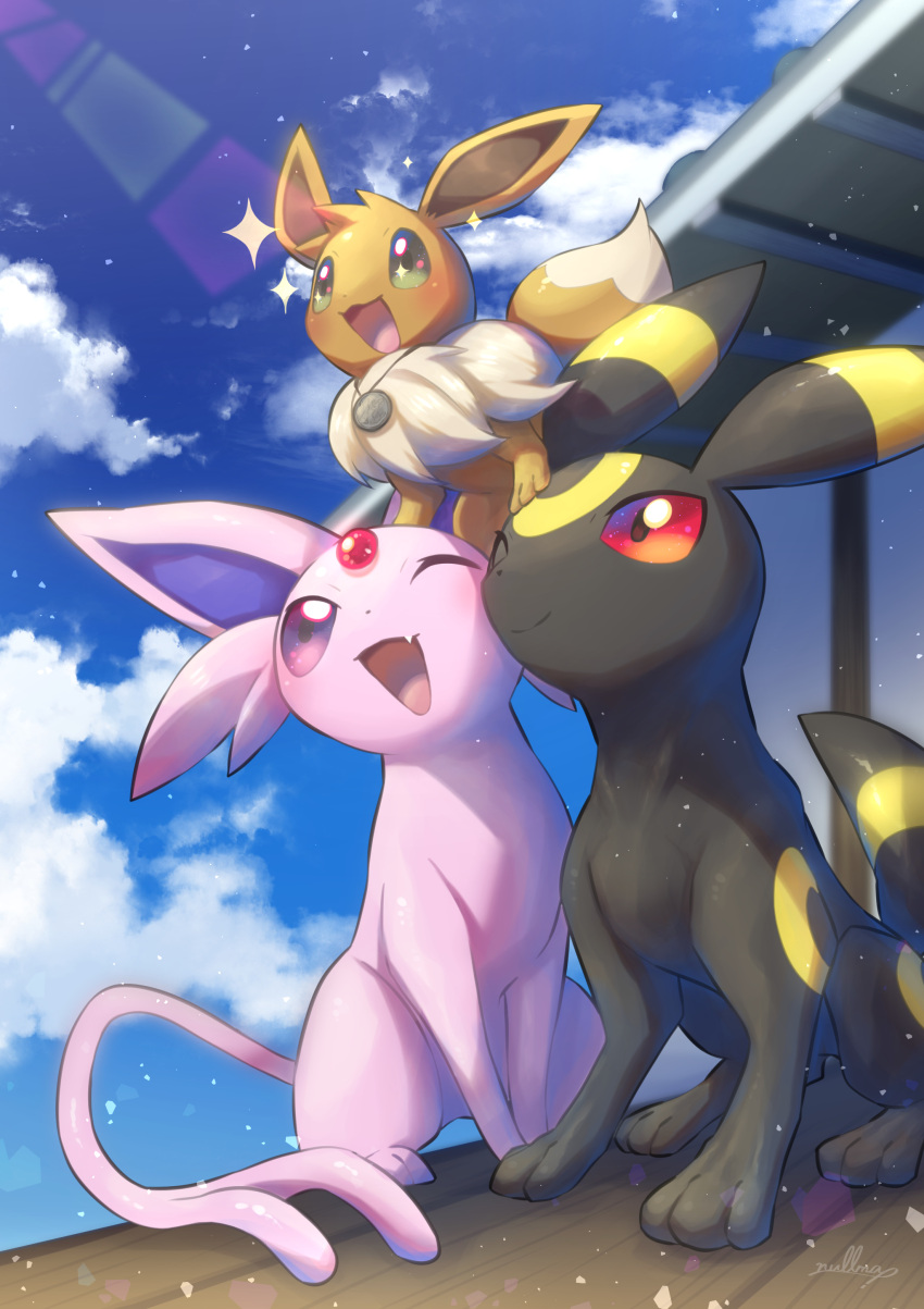 :d absurdres blush clouds commentary_request day eevee espeon fang gen_1_pokemon gen_2_pokemon highres no_humans nullma one_eye_closed open_mouth outdoors pokemon pokemon_(creature) sky smile sparkle tongue umbreon violet_eyes