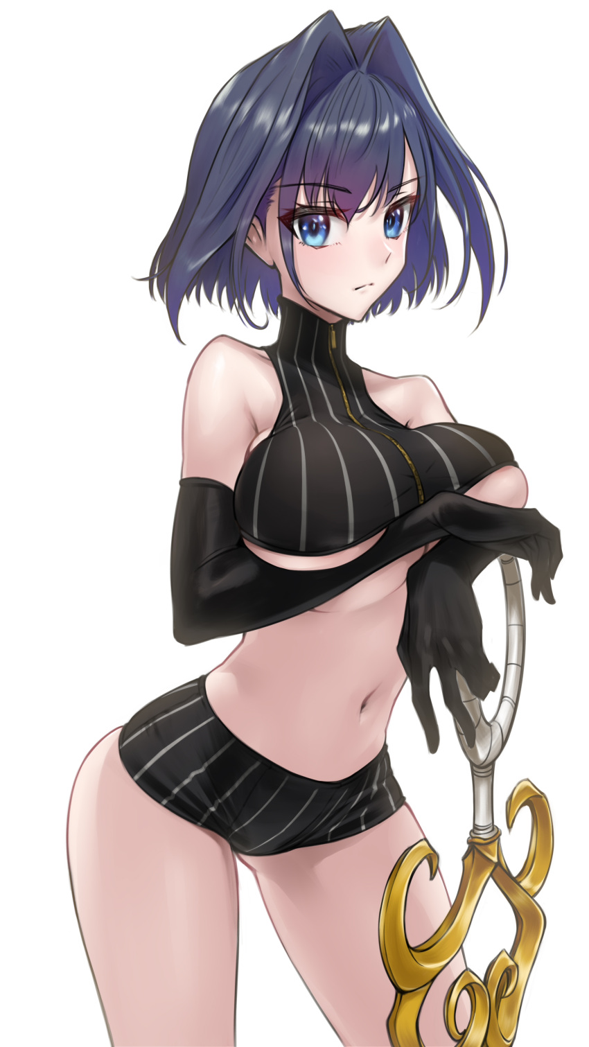 1girl absurdres arm_rest bare_shoulders black_gloves blue_eyes blue_hair breasts contrapposto cowboy_shot elbow_gloves expressionless eyebrows_visible_through_hair gloves hair_intakes highres hololive hololive_english large_breasts looking_at_viewer micro_shorts navel ouro_kronii planted planted_sword shirt short_hair shorts simple_background sleeveless sleeveless_shirt solo somebody_(leiking00) sword under_boob underwear underwear_only virtual_youtuber weapon white_background zipper