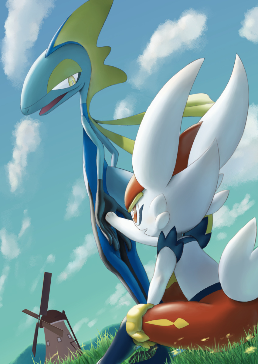 bright_pupils cinderace clouds commentary_request day gen_8_pokemon grass hand_up highres inteleon open_mouth outdoors pokemon pokemon_(creature) purobe red_eyes sitting sky standing white_pupils windmill yellow_eyes