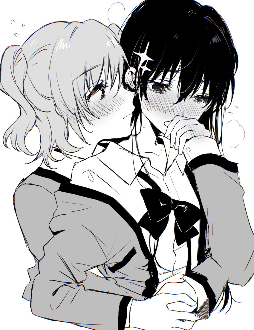 2girls absurdres aijou_karen bangs blush bow bowtie closed_mouth collared_shirt covering_mouth cropped_torso dress_shirt ear_blush eyebrows_visible_through_hair flying_sweatdrops greyscale hair_between_eyes hair_ornament hand_up highres holding_hands hug hug_from_behind jacket kagura_hikari long_hair long_sleeves looking_at_another looking_away monochrome multiple_girls nose_blush off_shoulder open_clothes open_jacket profile rococomm123 school_uniform seishou_music_academy_uniform shirt short_hair shoujo_kageki_revue_starlight sketch sparkle_hair_ornament sweat two_side_up undone_bowtie upper_body wavy_mouth yuri