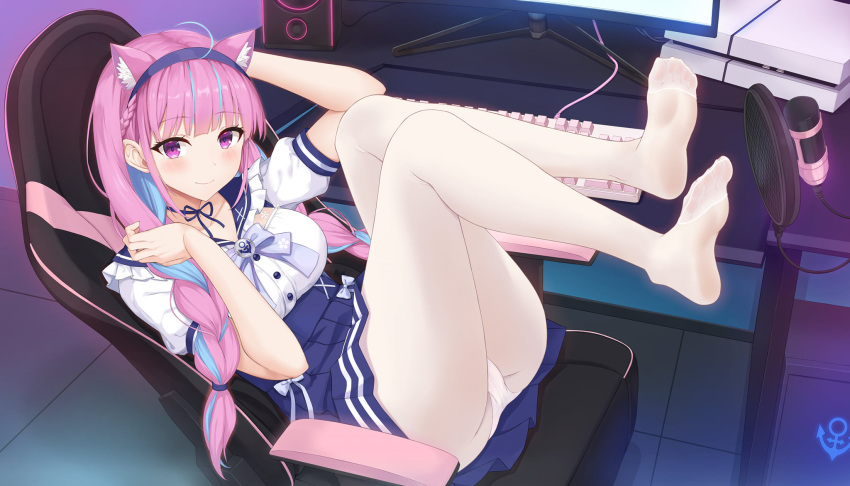 ahoge animal_ear_fluff animal_ears arm_behind_head arm_up bangs blue_choker blue_hair blue_hairband blue_ribbon blue_sailor_collar blue_skirt blunt_bangs blush braid breasts cat_ears chair choker closed_mouth commentary eyebrows_visible_through_hair feet frilled_sailor_collar frills gaming_chair hair_tie hairband hand_up high-waist_skirt highres hololive indoors keyboard_(computer) large_breasts legs_up long_hair looking_at_viewer microphone minato_aqua monitor multicolored_hair no_shoes on_chair panties panties_under_pantyhose pantyhose pink_hair pleated_skirt ribbon ribbon_choker sailor_collar shirt short_sleeves skirt smile speaker terry_(pixiv3274443) twin_braids twintails two-tone_hair underwear violet_eyes virtual_youtuber white_legwear white_panties white_shirt