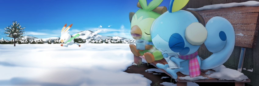&gt;_&lt; bench closed_eyes closed_mouth clouds commentary_request cup day from_side gen_8_pokemon green_scarf holding holding_cup mug no_humans open_mouth outdoors pink_scarf pokemon pokemon_(creature) purobe running scarf scorbunny sitting sky snow starter_pokemon_trio steam tree wavy_mouth