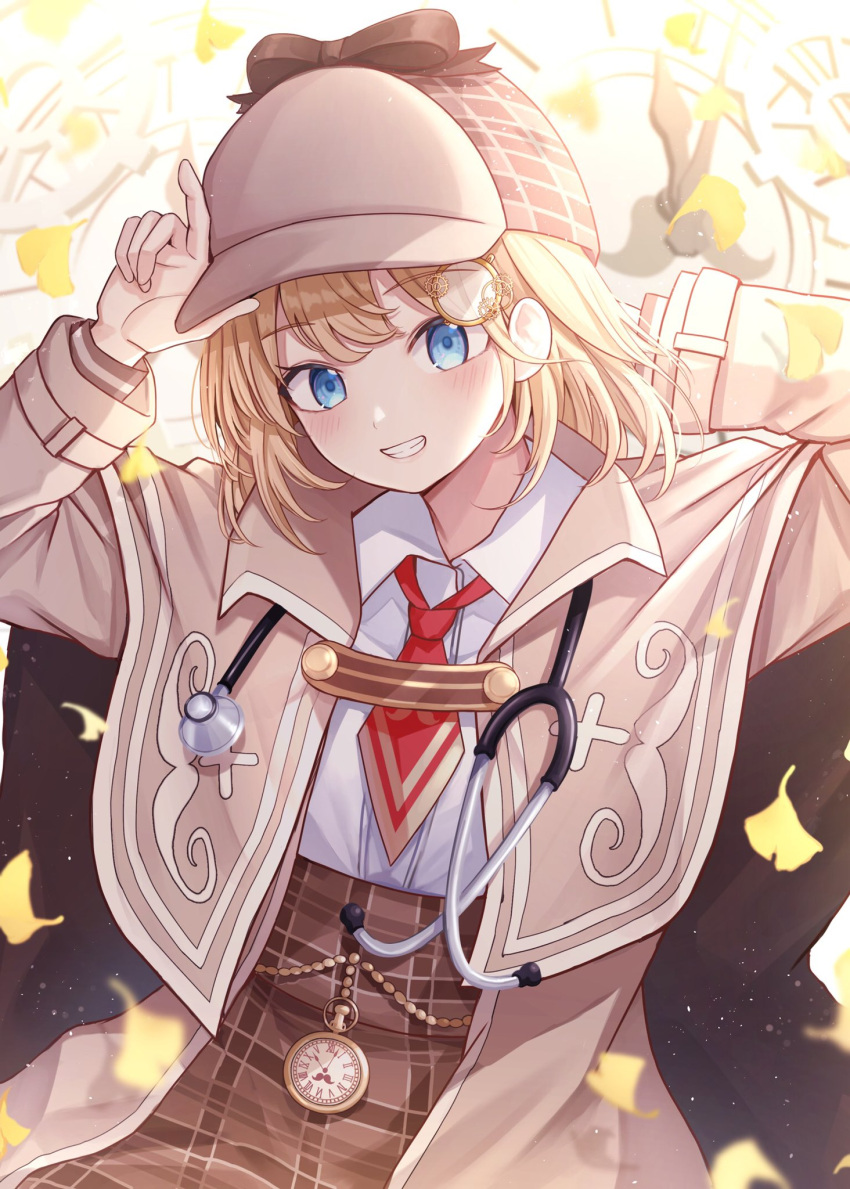 1girl adjusting_clothes adjusting_headwear arm_behind_head arms_up blonde_hair blue_eyes blush collared_shirt dodon_gadon eyebrows_visible_through_hair grin highres hololive hololive_english lips long_sleeves looking_at_viewer necktie parted_lips red_neckwear shirt short_hair smile solo stethoscope teeth tweed virtual_youtuber watson_amelia white_shirt