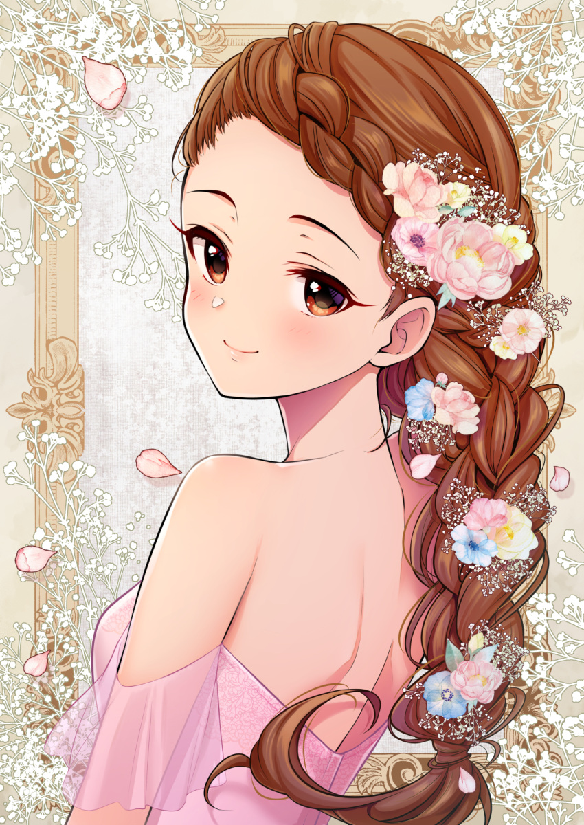 1girl alternate_costume alternate_hairstyle backless_dress backless_outfit bare_shoulders blush braid braided_bangs braided_ponytail breasts brown_hair dress empty_picture_frame floral_print flower forehead hair_flower hair_ornament highres idolmaster idolmaster_cinderella_girls looking_at_viewer looking_back nape off_shoulder petals picture_frame see-through_sleeves seki_hiromi small_breasts smile solo upper_body yuki_sizuku