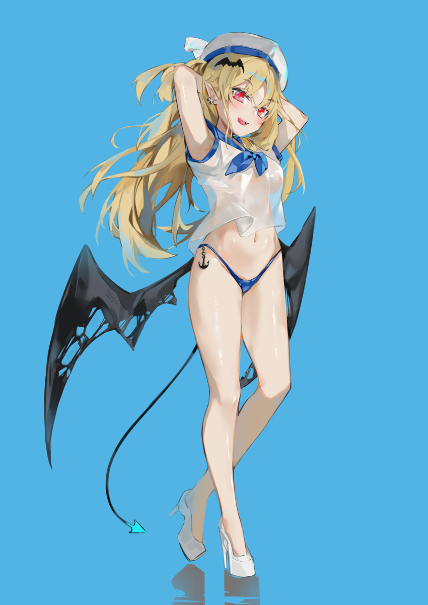 1girl :d arms_behind_head arms_up bare_legs bikini bikini_bottom blonde_hair blue_background blue_bikini breasts crop_top crop_top_overhang dema_hmw demon_girl demon_tail demon_wings earrings hat high_heels highleg highleg_bikini highres jewelry large_breasts long_hair looking_at_viewer low_wings navel neckerchief no_bra no_pants open_mouth original pointy_ears red_eyes reflection sailor_hat see-through shirt short_sleeves simple_background smile solo standing stomach string_bikini swimsuit tail thighs white_footwear white_headwear white_shirt wings